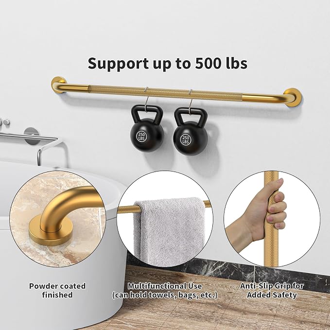 40 Inch Anti Slip Shower Grab Bar, Munzong Long Bathroom Grab Bar for Showers, Gold Knurled Handicap Balance Bar,Safety Hand Rail Support Elderly Senior Assist Bath Handle