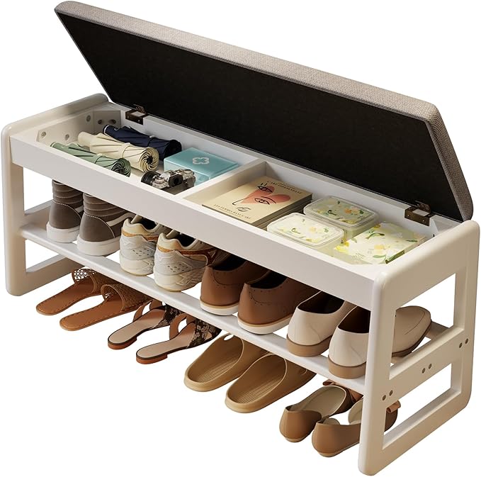 AQIMUELE Shoe Rack Bench,2 Tiers Shoe Bench with Storage with Flip-Top,Wood Shoe Rack for Entryway,Hallway（White Upholstered Seat,11.8" D x 39.3" W x 15.7" H）