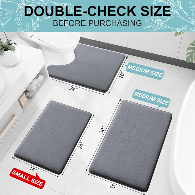 Smiry Memory Foam Bath Mat 40x24, Extra Soft and Absorbent Bathroom Mats, Non Slip Washable Carpet for Floor, Shower and Tub, Dark Grey