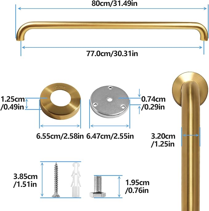 Shower Grab Bar, 2 Pack 32 Inch Gold Bathroom Safety Bar, 1.25" Diameter 304 Stainless Steel Grab Bars for Bathtubs and Showers, Handicap Shower Grab Bar for Seniors Elderly