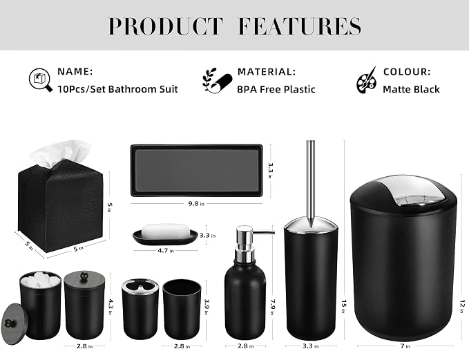 Black Bathroom Accessories Set, 10Pcs Bathroom Accessory Set with Trash Can, Soap Dispenser and Toothbrush Holder, Soap Dish, Cotton Ball & Qtip Holder, Toilet Brush Holder, Tissue Box Cover