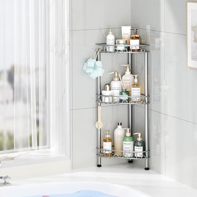 SWTYMIKI Standing Shower Caddy Corner - 3‑Tier Stainless Steel Shower Organizer Shelf with 12 Hooks and Adhesive Pads, Rustproof Corner Shelves Stand Rack for Bathroom Shower Room, Silver