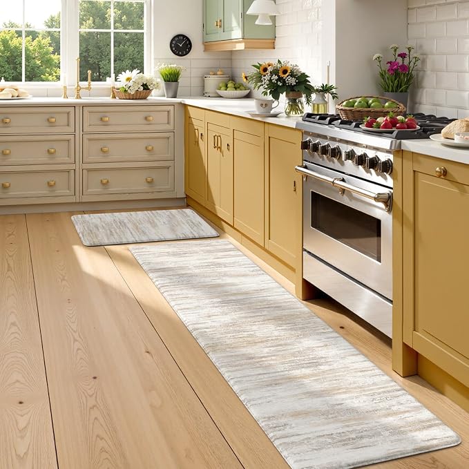 KIMODE Kitchen Anti Fatigue Mats, Farmhouse Abstract Kitchen Rugs Sets of 2, Memory Foam Kitchen Mats for Floor, Waterproof Non Skid Standing Mats for Sink Laundry Office Desk Brown 20"x71"+20"x32"