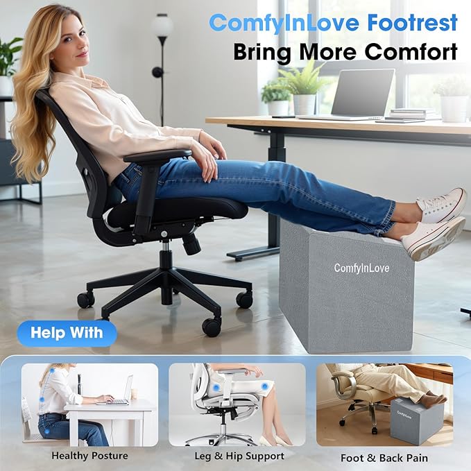 Foot Rest for Under Desk at Work - Non-Slip Foot Stool with 3 Adjustable Heights, Ergonomic Under Desk Footrest with Washable Cover for Leg Elevation, Desk, Home, Office, Car (Light Grey)