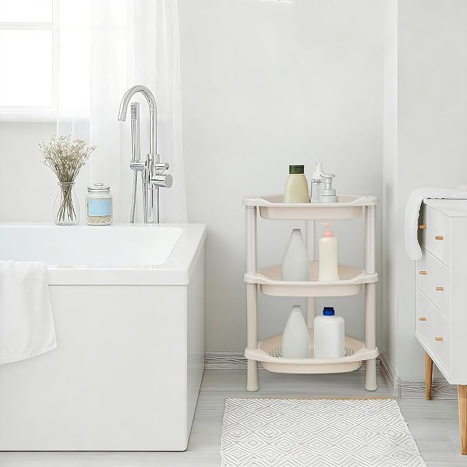 3 Tier Beige Corner Shower Caddy, 14.5 x 10 x 22.5 Inches, Plastic Shower Stands for Inside Bathroom, Bathtub, Shower Table (Beige 3 Tier)