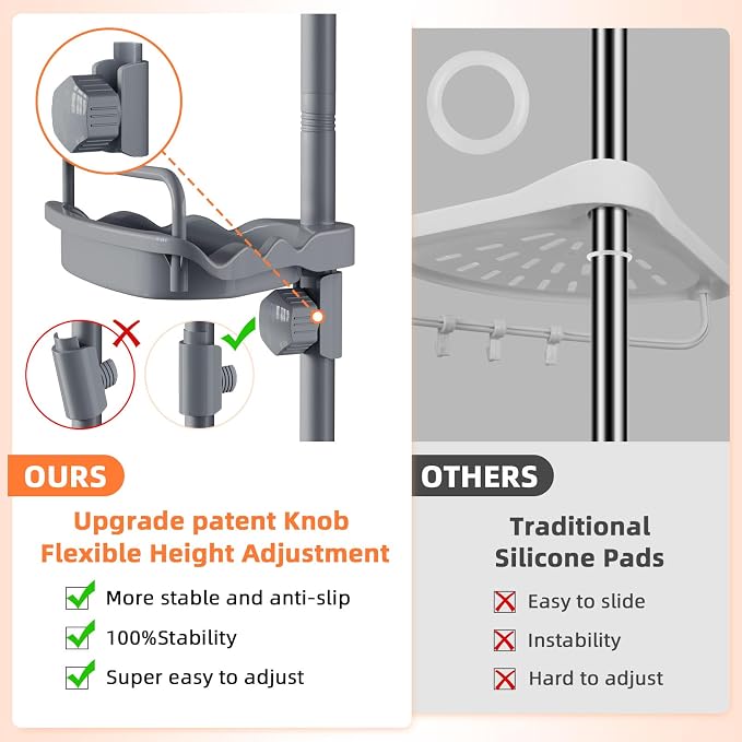 XLHOMO 32-122inch Corner Shower Caddy Tension Pole Grey, Rustproof Drill-Free Shower Shelves for Bathroom Bathtub Washbasin, Adjustable Shower Organizer with 4 Tier Patent Stable Shelves & Towel Bars