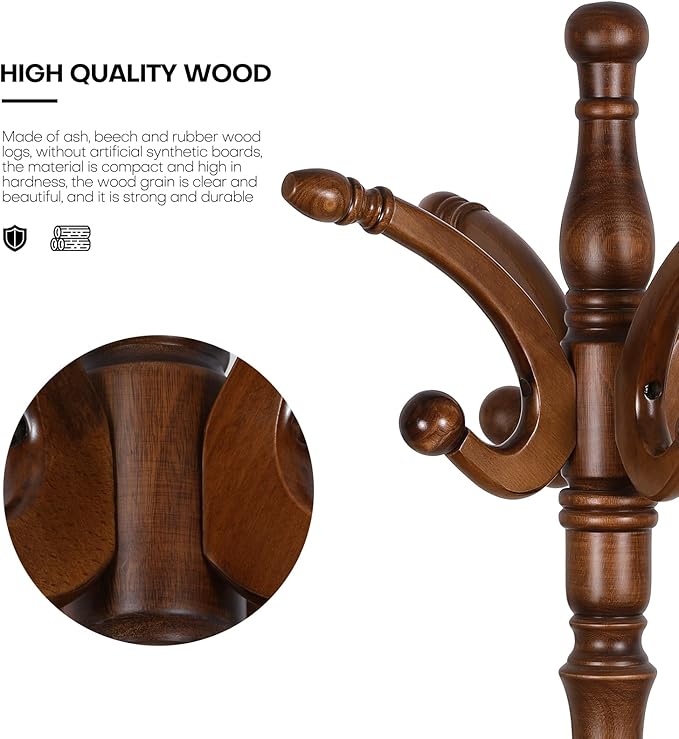 Bekrvio Coat Rack Freestanding Tree Stand with 8 Hooks, 79'' Heavy Duty Premium Ash Wood Hanger Stand, Floor Standing Clothes Hat for Entryway, Corner,Hallway,Bedroom, Office,Brown-Style 2