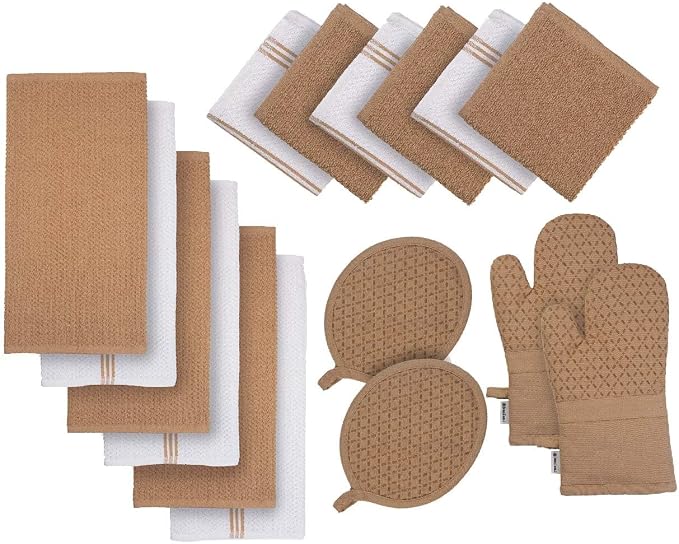 LANE LINEN 16 Piece Kitchen Dish Cloths Set - 100% Cotton Dish Towels, Heat Resistant Kitchen Mittens and Pot Holder Set, Reusable Dish Rags for Washing Dishes, Dish Towels for Kitchen Drying - Beige