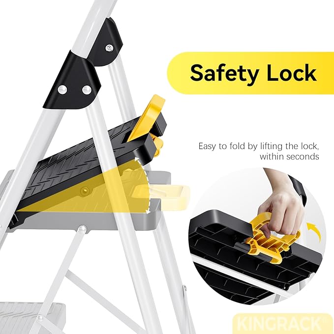 KINGRACK 3 Step Folding Ladder, 800lbs Capacity Step Stool with Safety Lock, Non-Skid Wide Pedals, and Handrail, Lightweight, Household Ladder for Home, Kitchen, Pantry, Closets, and Office Use, White