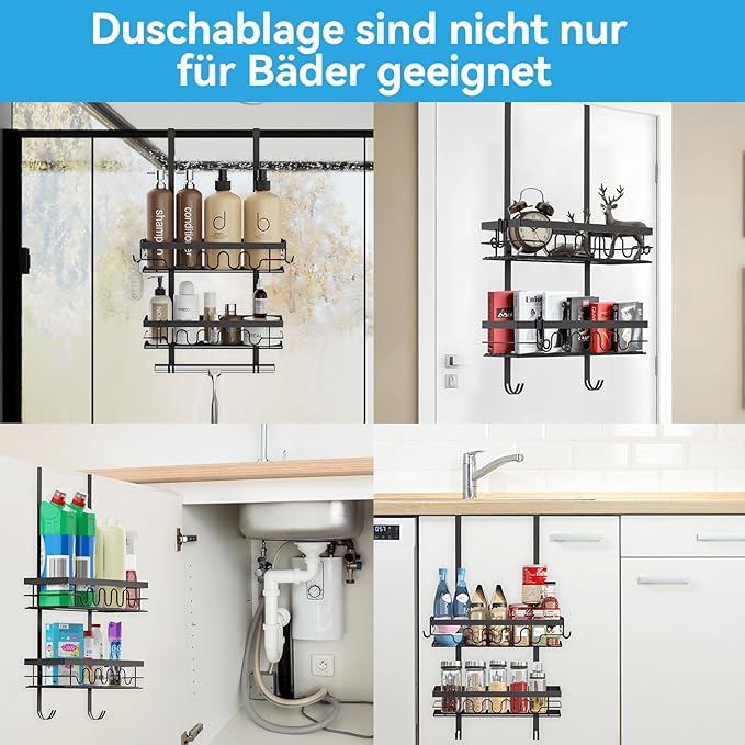 Over the Door Shower Caddy Hanging, Rustproof Hanging Shower Organizer for Glass Door, No Drilling Adjustable Shower Shelves for inside shower with 4+3 Hooks, Suitable for Kitchen/Bathroom/Balcony