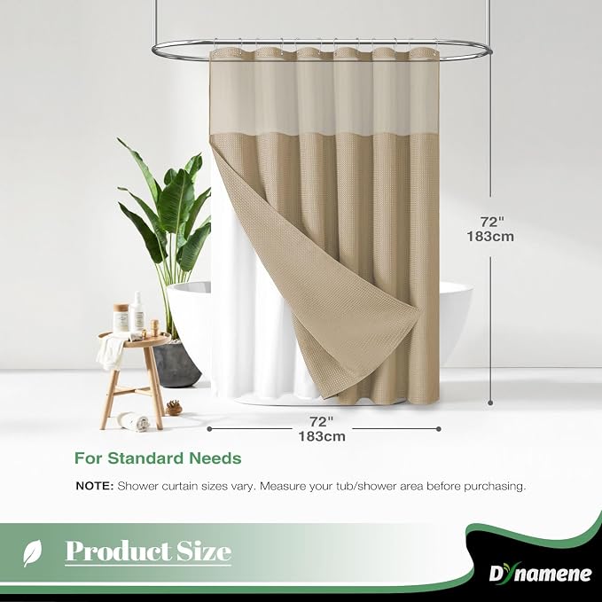 Dynamene Fabric Shower Curtain with Snap in Liner, Beige Waffle Hotel Shower Curtains for Bathroom, Washable Waterproof Cloth Shower Curtain Liner Set with Plastic Hook, Mesh Top Window, 72x72, Beige