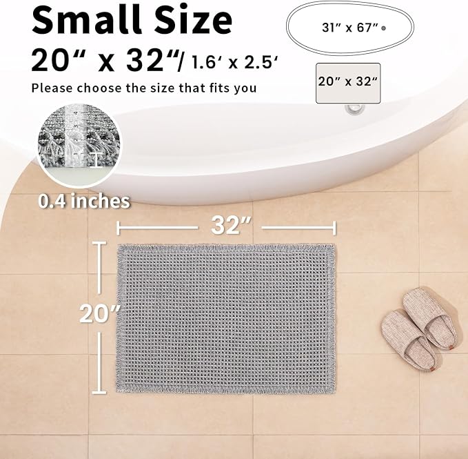 Waffle Bath Mat - Boho Bathroom Rugs Non Slip Washable, Super Absorbent & Quick Dry, Soft Bath Mat Farmhouse Bathroom Decor, 20'' x 32'', Light Grey