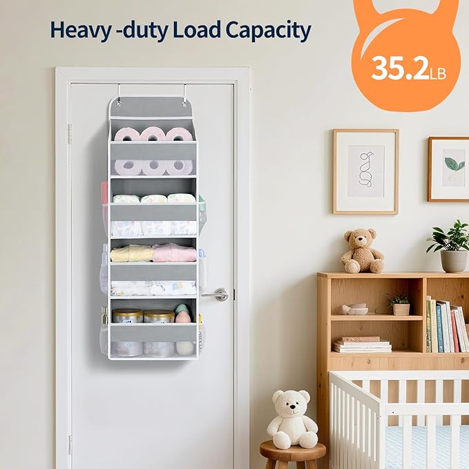 Yecaye Over The Door Organizer, Heavy Duty Hanging Organizers and Storage with 4 Large Capacity Pockets, Swing-Proof Behind The Door Storage for Bathroom Nursery Bedroom Dorm Closet, Grey,1Pc