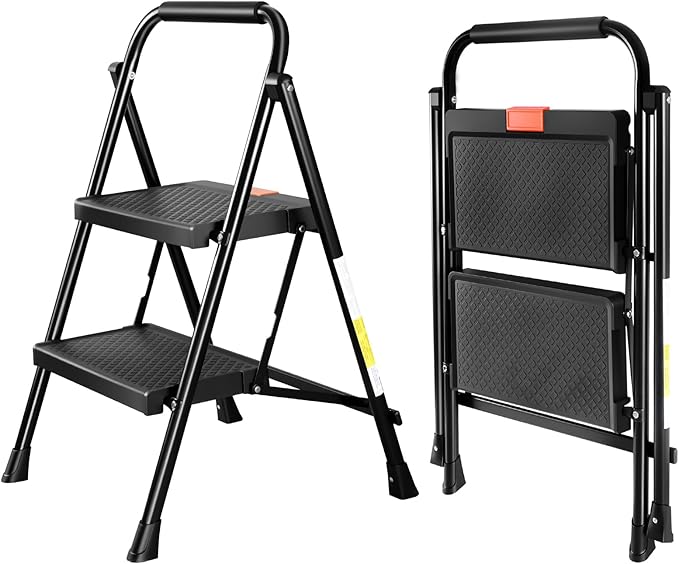 Valeo 2 Step Ladder, 2 Step Ladder for Adults with with Safe-Lock Design, Wide Anti-Slip Pedal, 500lbs Sturdy Steel Ladder, Step Stool Foldable with Cushioned Handle,Black