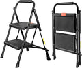 Valeo 2 Step Ladder, 2 Step Ladder for Adults with with Safe-Lock Design, Wide Anti-Slip Pedal, 500lbs Sturdy Steel Ladder, Step Stool Foldable with Cushioned Handle,Black