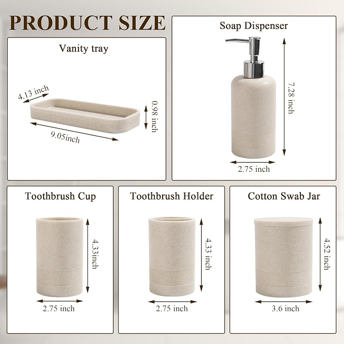 Bathroom Accessories Set, 6-Piece Bathroom Accessory Set, Toothbrush Holders Set, Soap Dispenser, Vanity Tray, Tumbler, Cotton Swab Jars, Bathroom Organizer for Modern Bathrooms(Beige)
