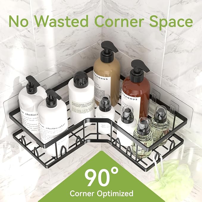 Shower Shelf Corner, Adhesive Shower Caddy Rustproof, Shower Shelves Corner with Soap Holder, No Drilling Shower Corner Organizer for Dorm, Renters Bathroom, Black, 3 Pack