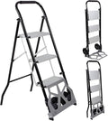2-in-1 Hand Truck Step Ladder, Dolly Cart Step Stool, Multi-Functional Foldable Hand Trolley and Ladder for Warehouse Garage Office or Home Use (Black-Silver, 3 Step)