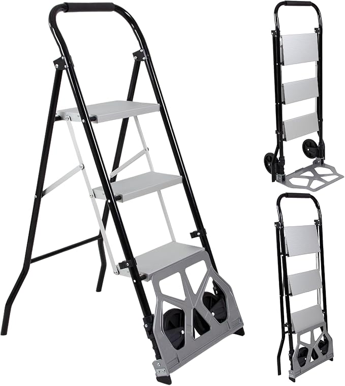2-in-1 Hand Truck Step Ladder, Dolly Cart Step Stool, Multi-Functional Foldable Hand Trolley and Ladder for Warehouse Garage Office or Home Use (Black-Silver, 3 Step)