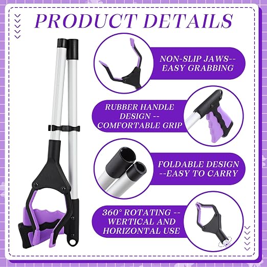 Ctosree 8 Pack 32" Trash Grabber Reacher Tool for Elderly, Foldable Litter Picker Upper, Lightweight Trash Pick up Stick, Long Handy Mobility Aids for Home Garden Arm Extension(Purple)