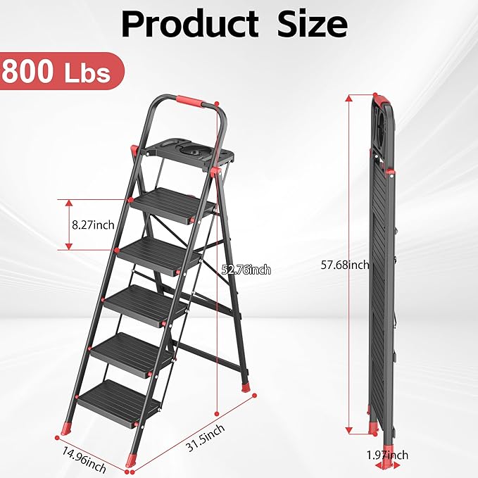 DIAMONDFORGE 5 Step Foldable Ladder with Multifunctional Tool Tray, Iron, Platform Ladders Stepstools, Folding with Non-Slip Pedals, 800 lbs Bearing Capacity for Adults/Home/Kitchen, Black Red