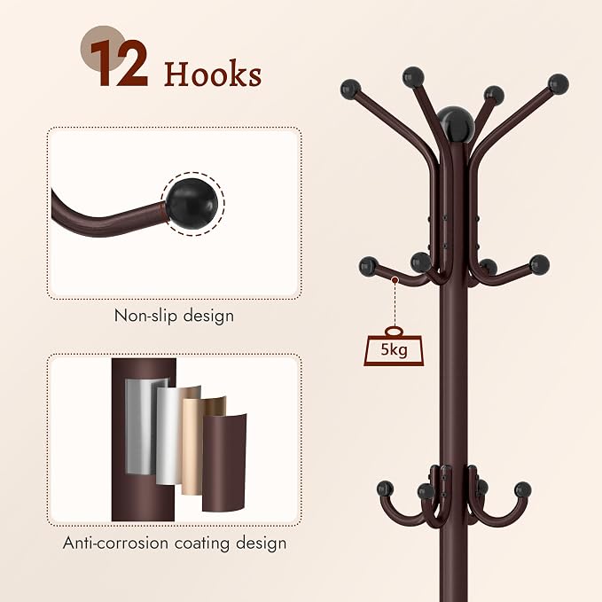 FAVOOSTY Coat Rack Freestanding,Coat Rack Stand with Umbrella Holder,Metal Coat Tree with 12 Hooks,Tree Clothes Hat for Entryway, Hallway, Bedroom, Living Room & Office -Brown