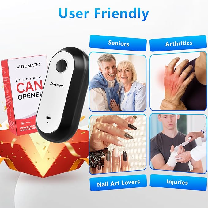 SAKAMOSH Electric Can Opener for Seniors Auto Stop, Hands Free Rechargeable Can Openers with Smooth Edge, One Touch Operation, Automatic Opener for Kitchen, Ideal Choice for Mom, Elderly