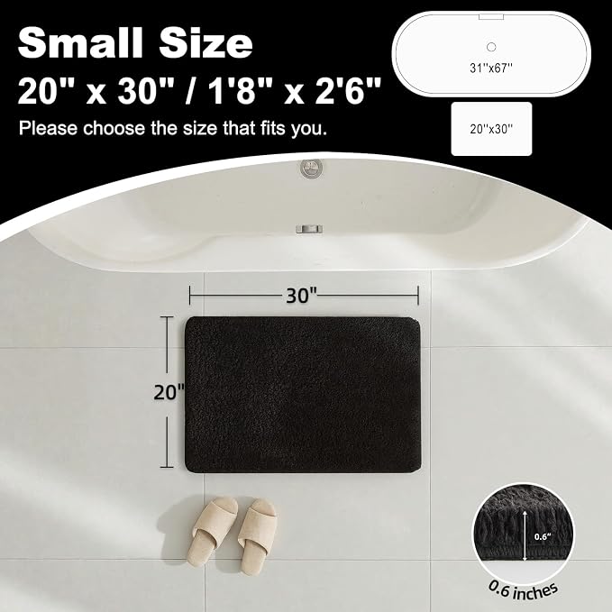 TYUU Black Bathroom Rug, Ultra Soft Bath Rugs Non Slip Washable, Super Absorbent Quick Dry Bath Mat with Rubber Backing for Bathroom Floor, Shower, or Sink, Black 20" x 30"