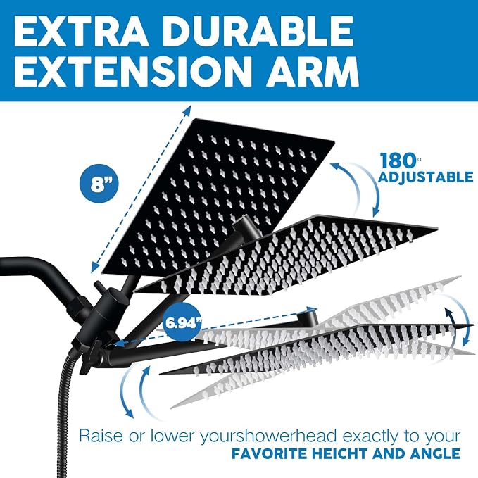 Shower Head,8”Rain Shower Head with Handheld Spray Combo and Adjustable Extension Arm/3-Way Flow Regulator/Shower System,High Pressure Rain Fall Hose,Matt Black