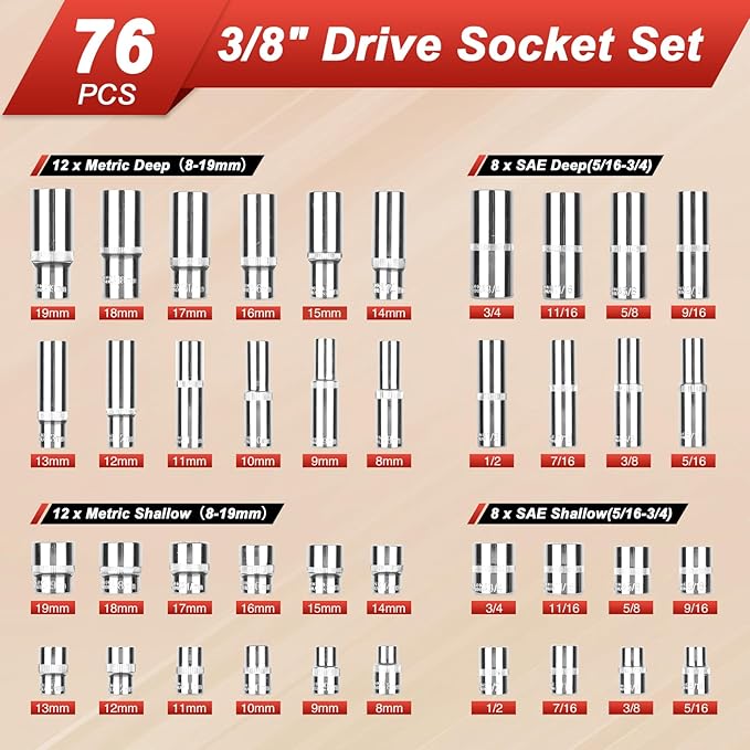 Egofine 3/8" Drive Socket Set, 76 PCS Ratchet Wrenches Set, Standard and Deep Metric (8 to 19mm)/SAE (5/16 to 3/4 inch) Size, with 72-Tooth Ratchet for Auto Repairing and Household, with Storage Case