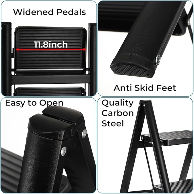 ZAVOOS 2 Step Ladder, Sturdy Folding Step Stool with Wide Anti-Slip Pedal, 330 Lbs Load Capacity Heavy Duty, Lightweight Portable Black Steel Ladder for Household, Kitchen, Office