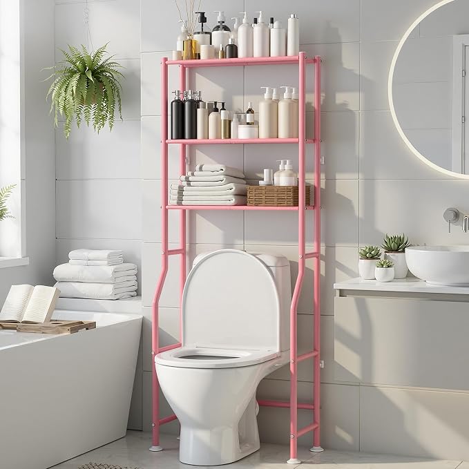 3-Tier Over The Toilet Storage, Freestanding Metal Bathroom Shelves, Space Saver Above The Over Toilet Storage Shelf for Bathroom (Pink)