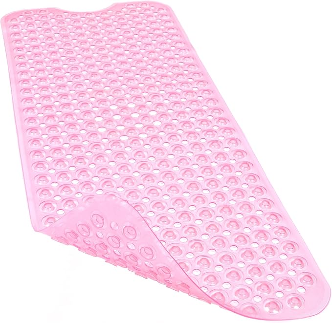 Bathtub and Shower Mats, 40x16 Inch Extra Large Non Slip Soft Bath Tub Mat with Suction Cups and Drain Holes for Bathroom Floor and Keep Tubs Clean, Machine Washable, Clear Pink