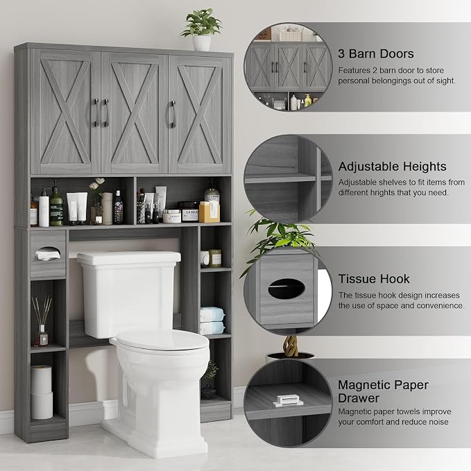 Over The Toilet Storage Cabinet, Farmhouse Toilet Cabinet Rack with 3 Barn Doors, Space Saving Bathroom Organizer with Shelves, Toilet Paper Holder and Towel Rack for Bathroom,Restroom,Laundry