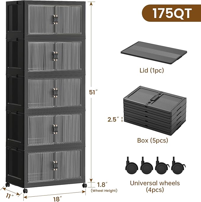 SAILUN 44Gal/175Qt Stackable Storage Bins Folding Collapsible Storage Bins with Lid, Closet Organizers and Storage Box with Door Black 18" W x 11" D x 51" H