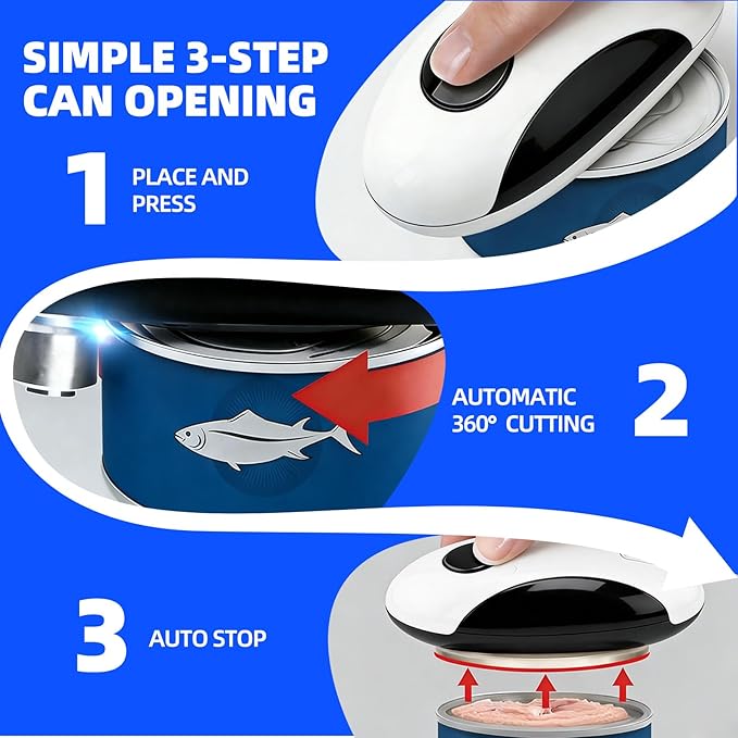 Rechargeable Electric Can Opener, One-Touch, Smooth Edge, USB-C Fast Charge, for Seniors, White