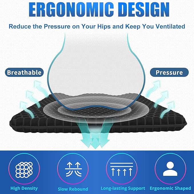 Gel Seat Cushion for Long Sitting Pressure Relief (Super Large&Thick) - Wheelchair Cushion for Pressure Sores, Coccyx, Sciatica, Back Pain Relief - Non-Slip Butt Pillow for Office, Home, Car