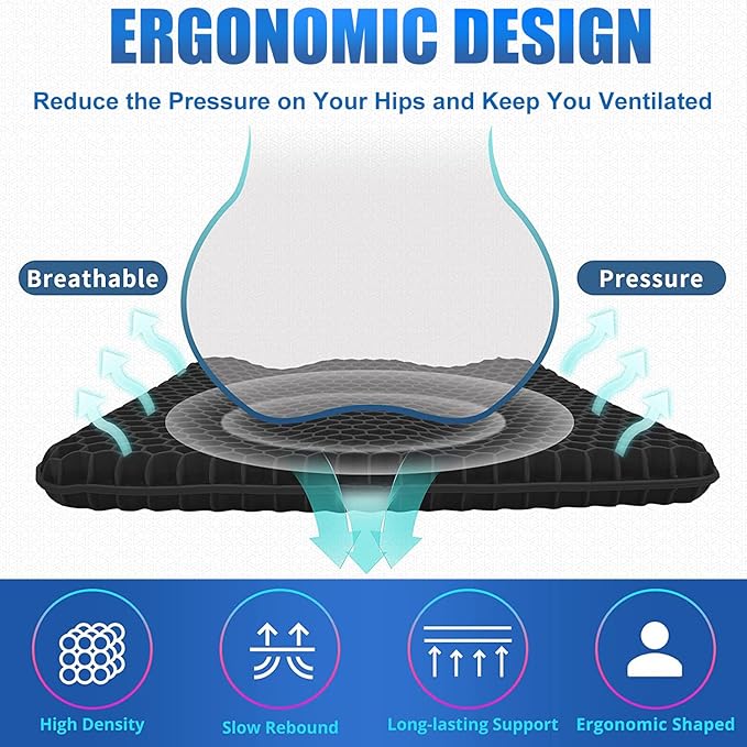 Gel Wheelchair Seat Cushion for Long Sitting, Extra Large & Thick Seat Cushion with Non-Slip Cover - Coccyx, Sciatica & Back Pain Relief - Wheelchair Cushions - Office Chair Car Seat Cushion