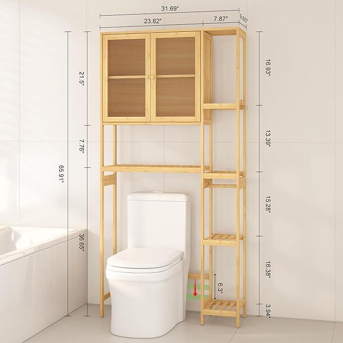 Over the Toilet Storage Cabinet Above Toilet Bathroom Organizer with Toilet Paper Holder Stand Bath Organizer with Adjustable Shelves & Acrylic Doors,Anti-Tip Device (Nature)
