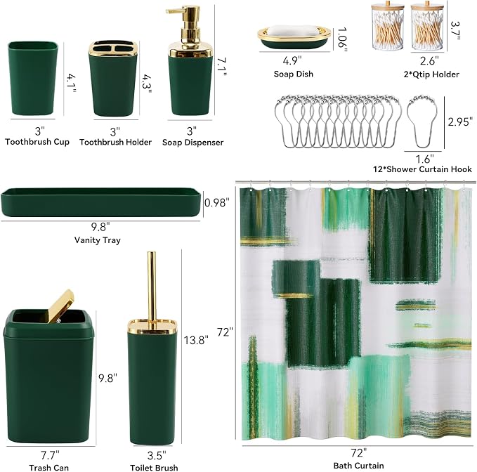 XLHOMO Green and Gold Bathroom Accessories Set, Bathroom Sets with Shower Curtain, Green Bathroom Accessories with Trash Can, Soap Dispenser, Soap Dish, Toilet Brush Holder, Qtip Holders