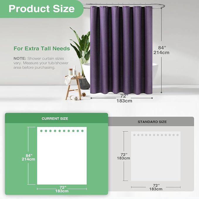 Dynamene Extra Long Shower Curtain,84 Inch Long Waffle Weave Weighted Thick Fabric Bathroom Shower Curtain, Neutral Heavy Duty Hotel Bath Curtain Set with 12 Plastic Hooks,72x84,Purple