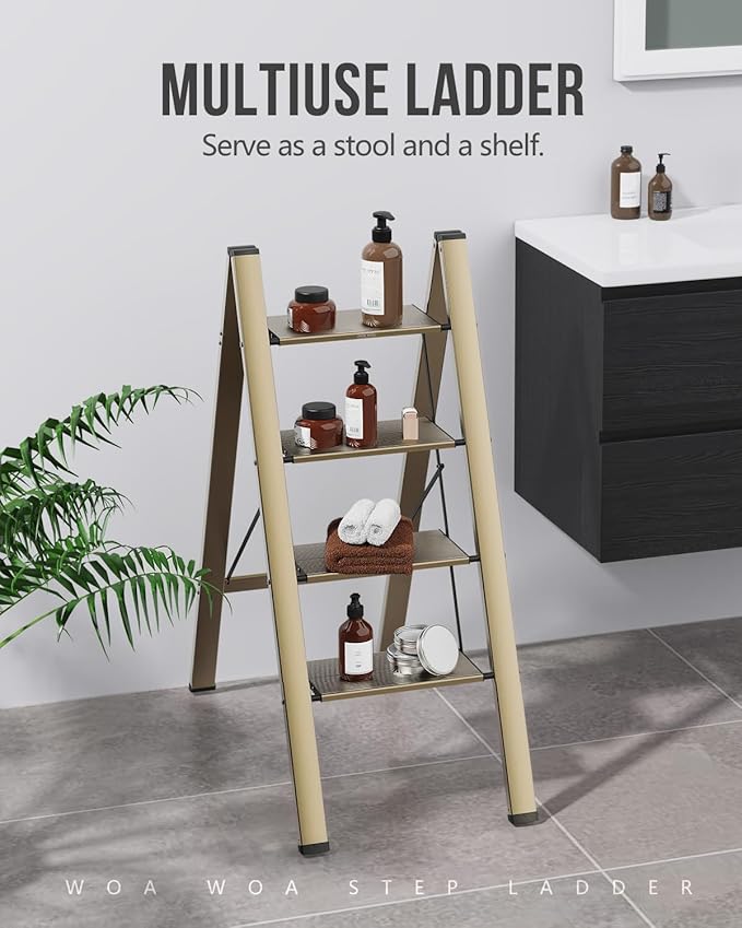 WOA WOA 4 Step Ladder, Foldable Step Stool, Aluminum Lightweight Ladder for Home Kitchen Closet, Anti-Slip Pedals, Ease of Folding, Portable, 300lbs Capacity - Gold