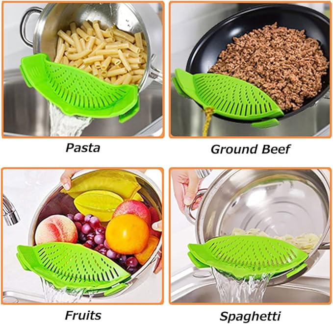 YEVIOR Clip on Strainer for Pots Pan Pasta, Silicone Food Strainer Hands-Free Pan Strainer, Clip-on Kitchen Food Strainer for Spaghetti, Pasta, Ground Beef Fits All Bowls and Pots (Green)