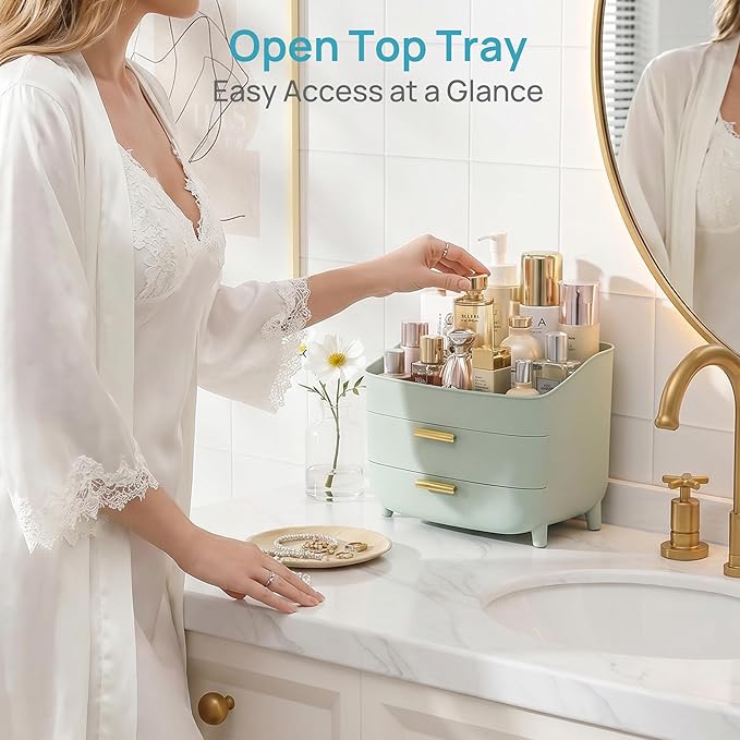 Vtopmart 3-Tier Skincare Makeup Organizer with Drawers for Vanity and Bathroom Countertop, Large Cosmetic Storage Box Case for Dresser, with Non-Slip Base, Green