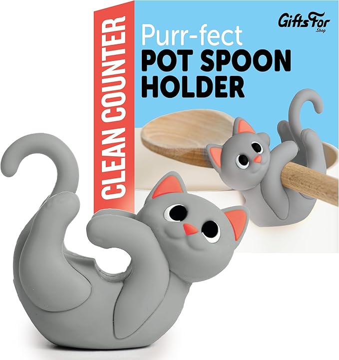Gray Cat Spoon Rest for Stove Top – Silicone Pot Clip Utensil Holder & Lid Lifter – Funny Kitchen Gadget, Unique Grey Tabby Cat Gifts for Women – 3" x 2.5"