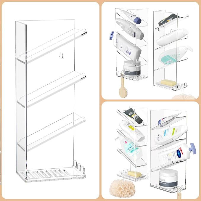 AITEE Acrylic Bathroom Organizer Caddy, Clear Shampoo Holder Wall Mounted, Shower Organizer with Suction Cup, No Drilling and Rustproof, Sturdy and Durable - Combination Shelf