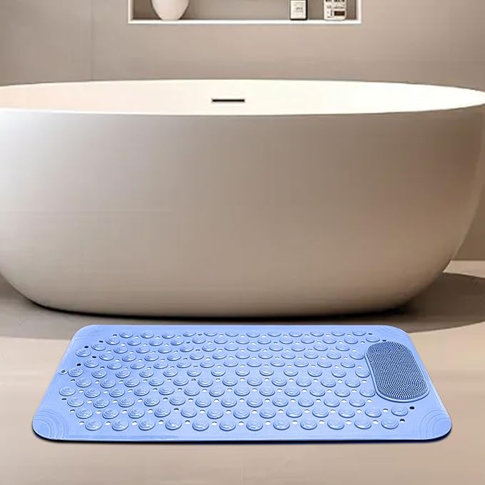 Bathtub Mat, 27x14 inch Non-Slip Bath Tub and Shower Mat with Suction Cups, Bathroom Bathtub Mats with Drain Holes Suction Cups, Machine Washable (Blue