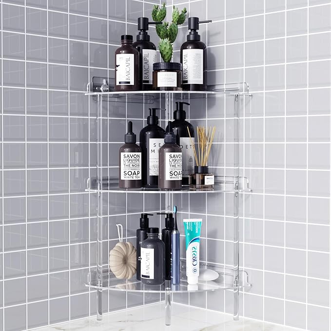 Bakzon Corner Shower Caddy, 3 Tier Acrylic Shower Organizer Corner for Inside Shower, Rustproof Floor Standing Shower Shelves for Bathroom, Clear