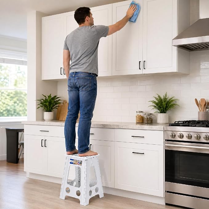 ACKO Folding Step Stool Foldable 17.5 Inch 400 lbs Capacity, Plastic Stools for Adults and Kids, Collapsible Stools for Kitchen, Stepping Stool with Handle (White)