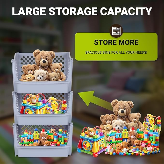 TidyFriend 6 Pack XLarge Plastic Stackable Storage Bins Open Front for Pantry Organizers and Storage, Pantry Storage for Kitchen and Home Organization, Dorm Room Essentials (Light Grey)